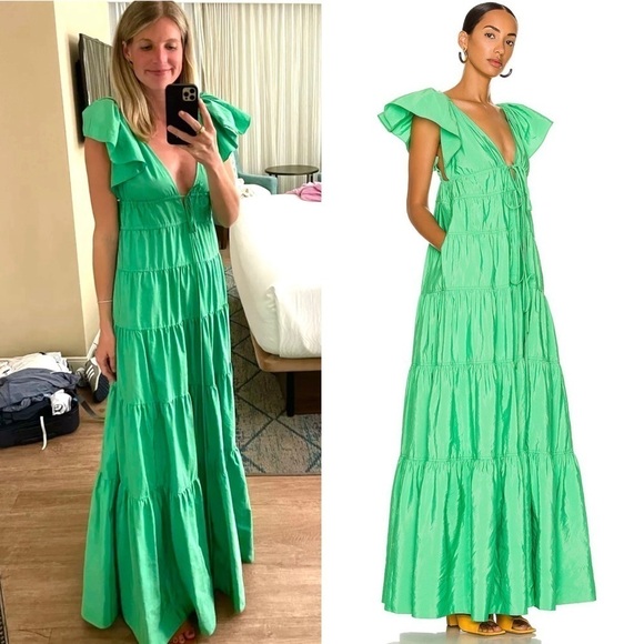 ALC Flutter Short Sleeve V-Neck Empire Waist‎ Front Tie Ruffle Tier Maxi Gown 6 - Picture 9 of 16